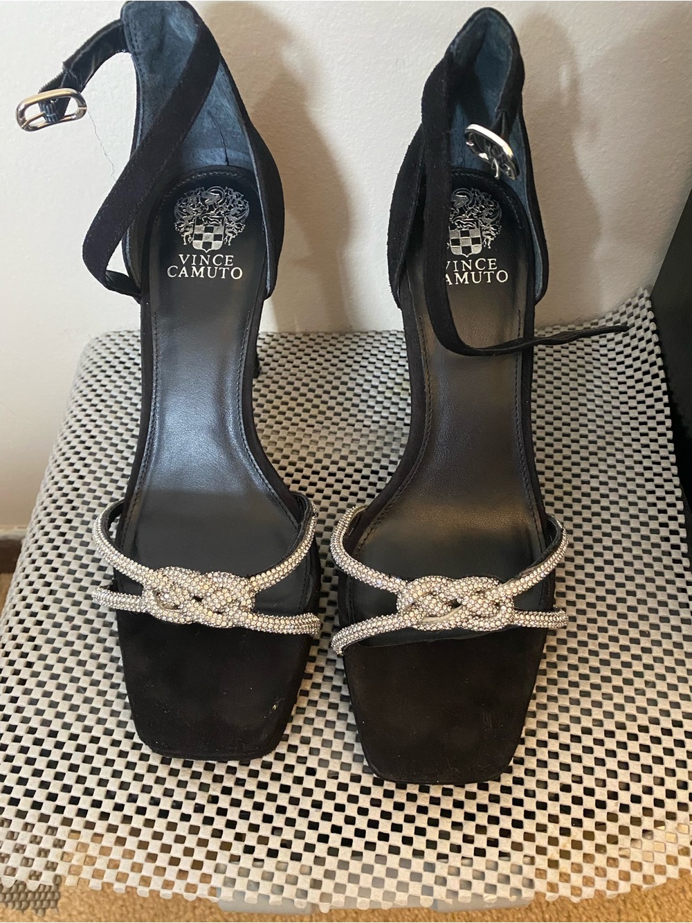 Vince Camuto Black Suede Ankle-Strap Heels with Rhinestone Knot - Picture 5 of 6